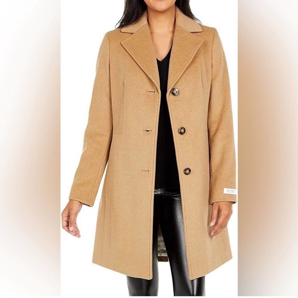 NWT Calvin Klein Single-Breasted Wool Cashmere Coat - Camel Size 16